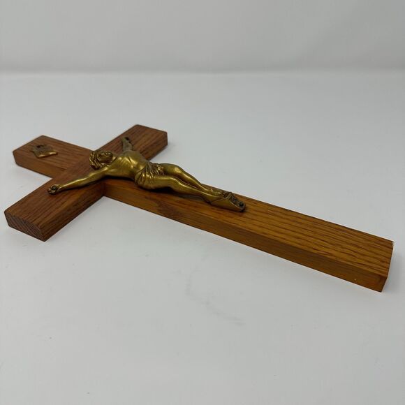 Vintage Wooden Crucifix Wall Cross Jesus INRI Gold Tone  Vintage 12\